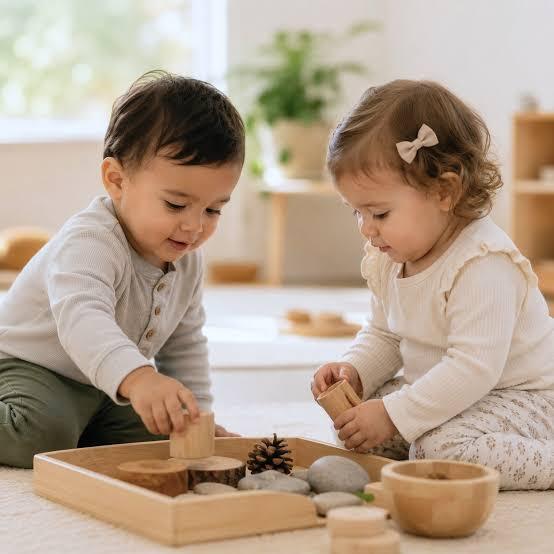 Two toddlers exploring wooden Montessori materials — blocks, a pinecone, and smooth stones — on a soft rug in natural light